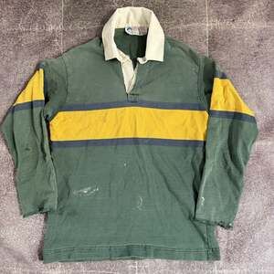 Men's Vintage 80's Rugged Wear Forest Green Navy Blue Striped Rugby Jersey Sz XL